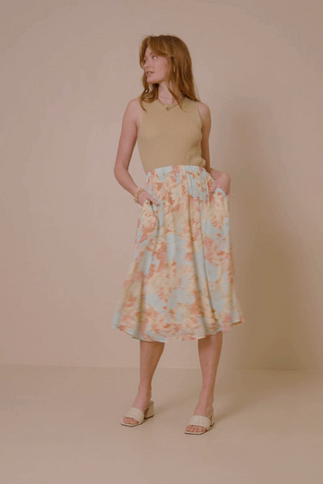 HK1852 Blue Womens Romantic Floral Elastic Waist Skirt GIF